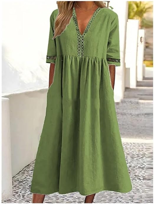 Stilvolles Damen Maxikleid V-Ausschnitt, fliessend & elegant. Perfektes Sommerkleid für Komfort & Urlaubsfeeling.