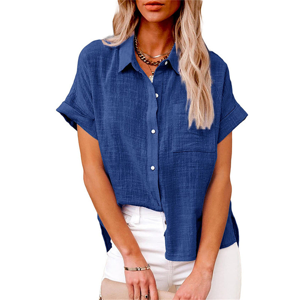 Elegante Damen Kurzarm-Bluse mit Knopfleiste, atmungsaktiv und leicht, ideal für sommerliche Anlässe.