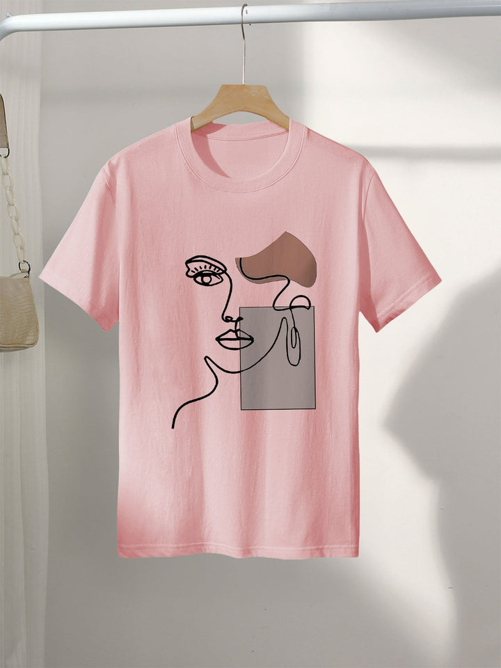 Rosa Damen T-Shirt: Modernes Kurzarm T-Shirt mit abstraktem Gesicht Print für Freizeit & Streetwear im Sommer.