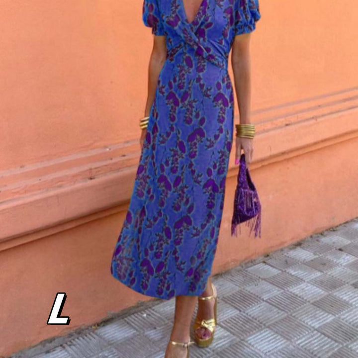 Damen Sommer-Maxikleid im Wickel-Look, mit charmantem Blumenmuster, V-Ausschnitt, für jede Figur.