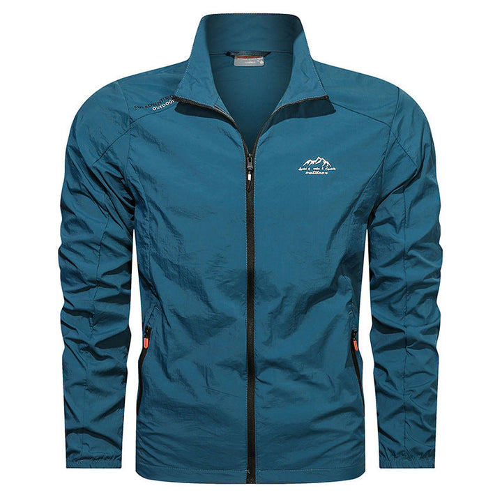 Graue Herren Herbstjacke Windbreaker. Schnelltrocknende, leichte Outdoor-Sportjacke mit UV-Schutz & Stehkragen.