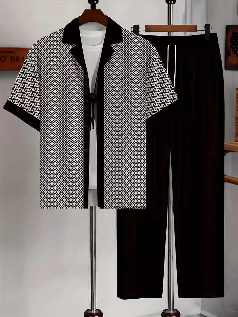 Stylischer Herren Sommer Zweiteiler mit geometrischem Print, perfekt für entspannte Tage & Reisen.