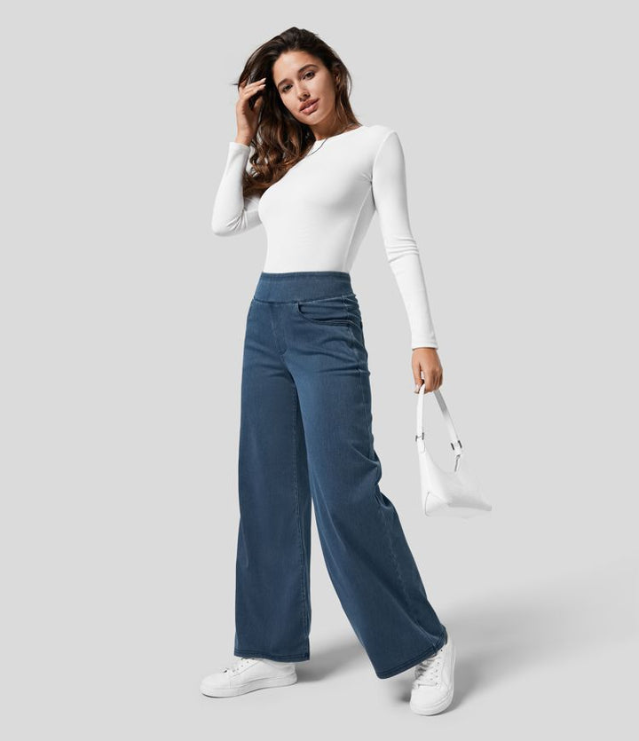 Damen elegante High-Waist Jeans in Dunkelblau, figurbetont und bequem für Business & Freizeit.