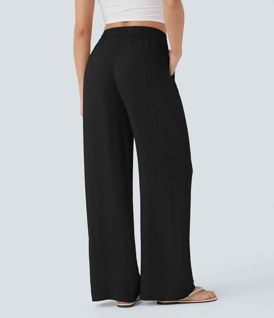 Stilvolle Damenhose mit weitem Bein, Sommerhose elegant. Lockerpassform mit Kordelzug & Seitentaschen.