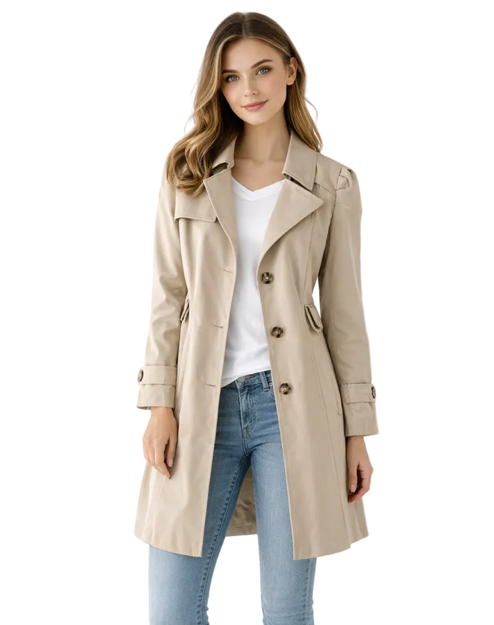 Modischer Damen Trenchcoat mit Gürtel & Reverskragen. Taillierte Jacke, perfekt als Büro- oder Freizeit-Mantel.