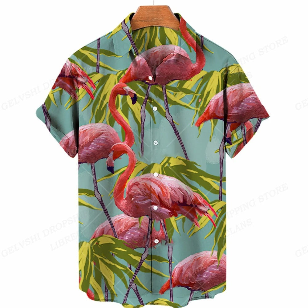 Flamingo Freizeit Hemd für Herren, mit Kurzarm und tropischem Design; Urlaubskleidung.