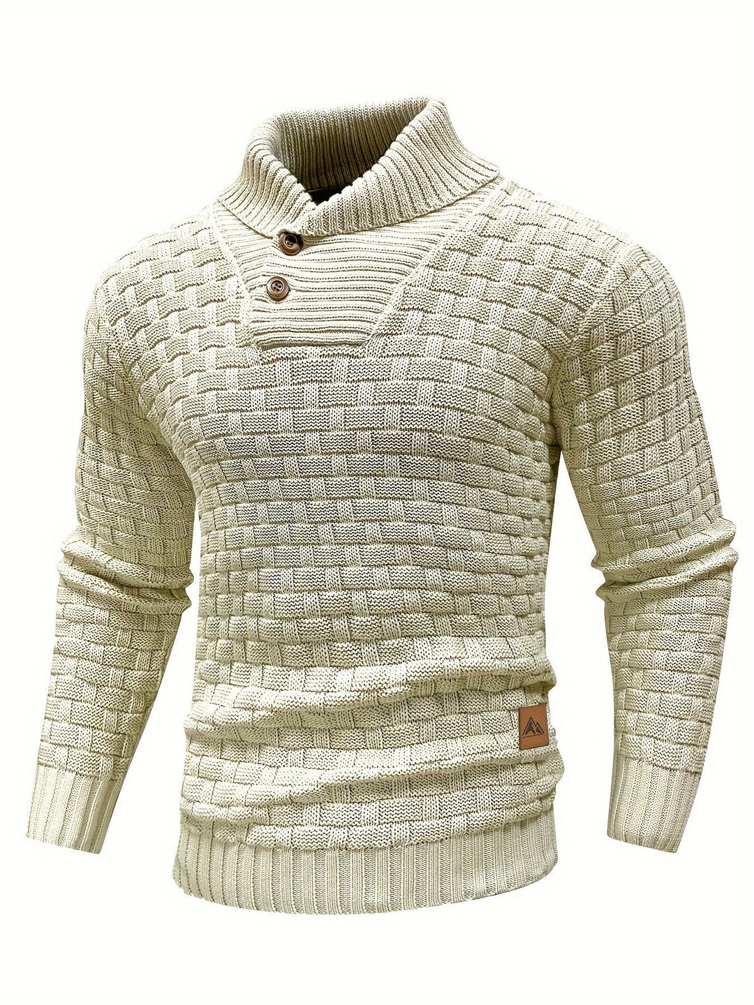 Grauer Herren Pullover mit Waffelstruktur und Schalkragen; modisches Statement im Winter.