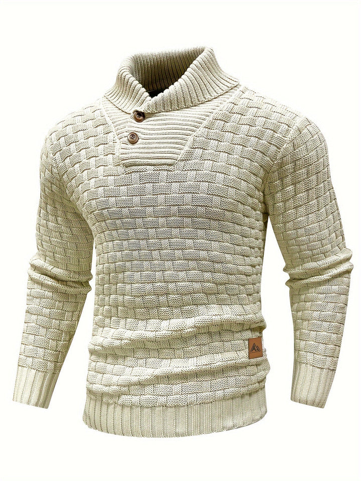 Grauer Herren Pullover mit Waffelstruktur und Schalkragen; modisches Statement im Winter.