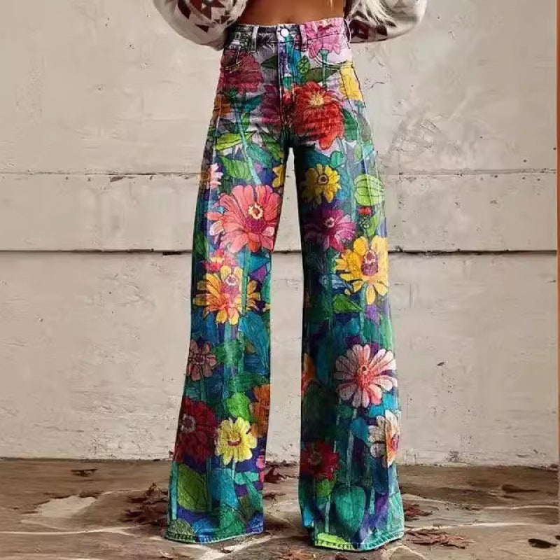 Vintage Damen Schlaghose: trendige Hose mit elegantem Blumenmuster für Sommer und Fashion.