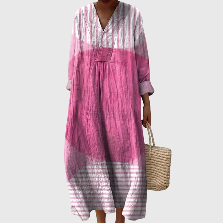 Damen Maxikleid im lässigen Stufenkleid-Design, mit V-Ausschnitt und langem Ärmel.