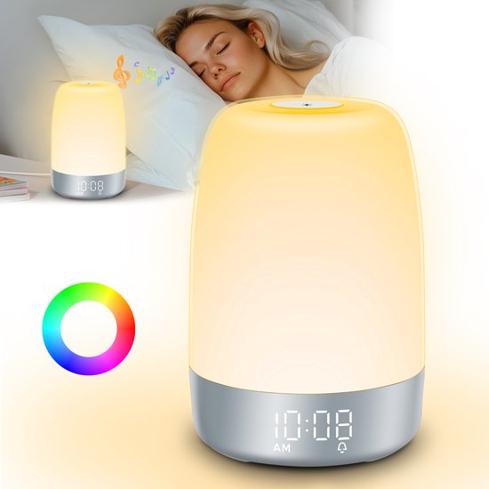 Aurora Lichtwecker mit sanftem Sonnenaufgang und Naturklängen für entspanntes Erwachen; modernes Design für Schlafzimmer.