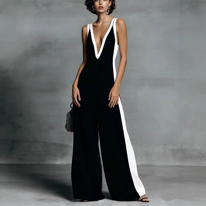 Moderner Damen-Jumpsuit mit V-Ausschnitt und weitem Bein, bequem und schick als Sommer-Overall.
