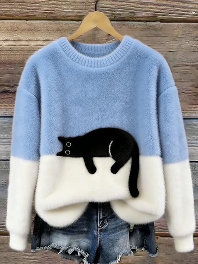 Bunter Damen Langarm-Pullover mit großem, verspieltem Katzenmotiv auf der Vorderseite, casual.