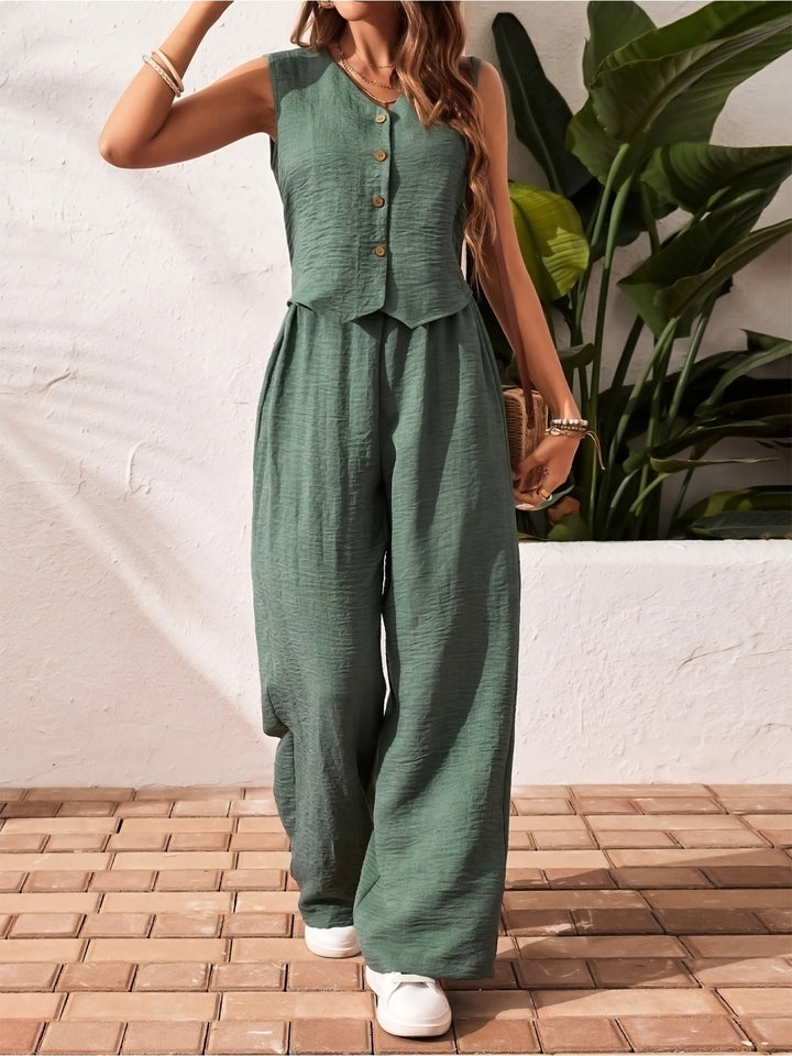 Damen eleganter Zweiteiler Anzug: stilvolle Weste und locker sitzende Hose für Sommer & Freizeit.