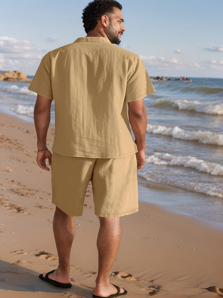 Stilvolle Sommermode: Herren Leinen-Look Set mit Kurzarmhemd & Shorts. Perfekt für Strand, Urlaub & Freizeit.