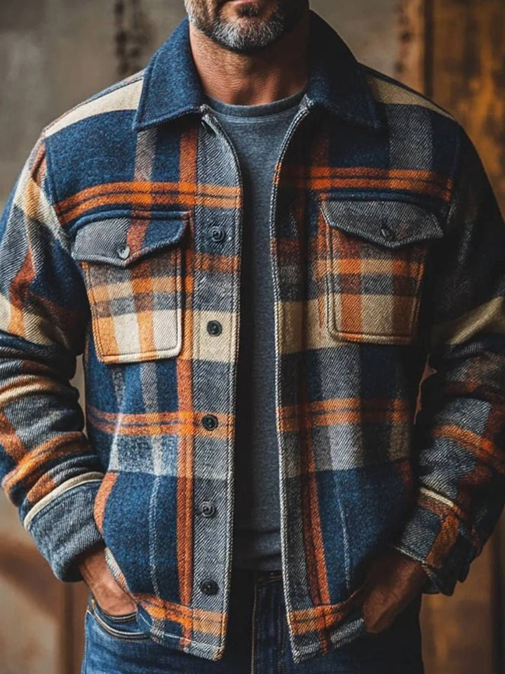 Karierte Herren Overshirt Jacke im Retro-Stil, langärmlig mit Reverskragen, perfekt für Herbst & Winter.