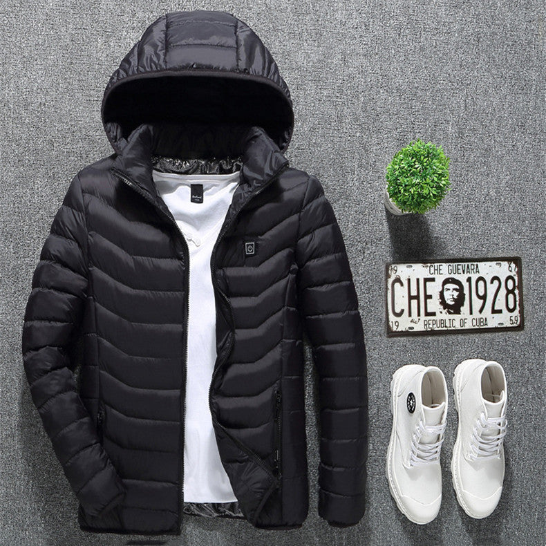 Beheizbare Herren-Winterjacke mit abnehmbarer Kapuze, perfekt für Kälteschutz & Alltag.