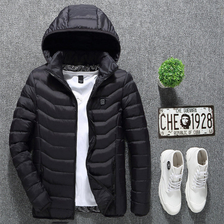 Beheizbare Herren-Winterjacke mit abnehmbarer Kapuze, perfekt für Kälteschutz & Alltag.