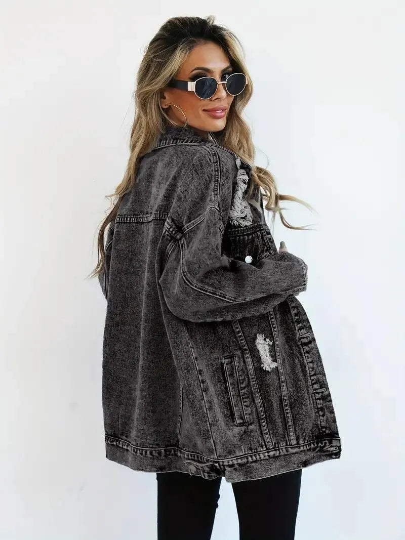 Bequeme Oversized Damen Jeansjacke mit Kapuze, gefüttert & wetterfest. Ideal für den Alltag.