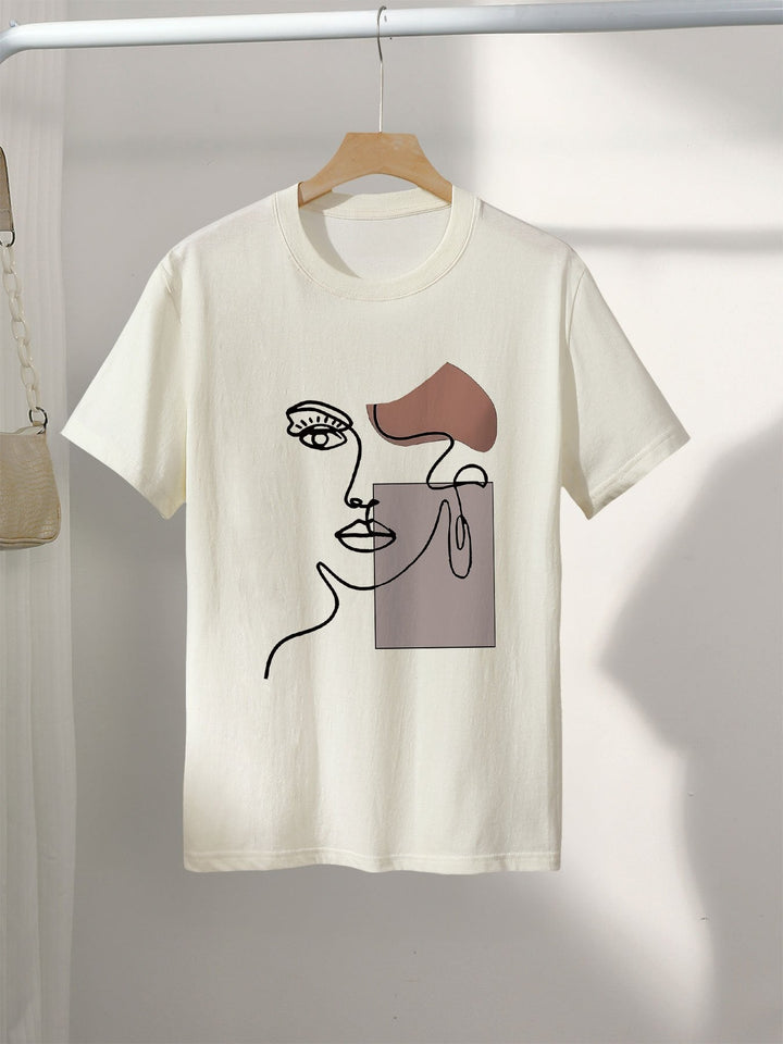 Weißes Damen T-Shirt: Einzigartiges Kurzarm Shirt mit modernem abstraktem Gesicht Print. Ideal für Freizeit & Sommer-Mode.