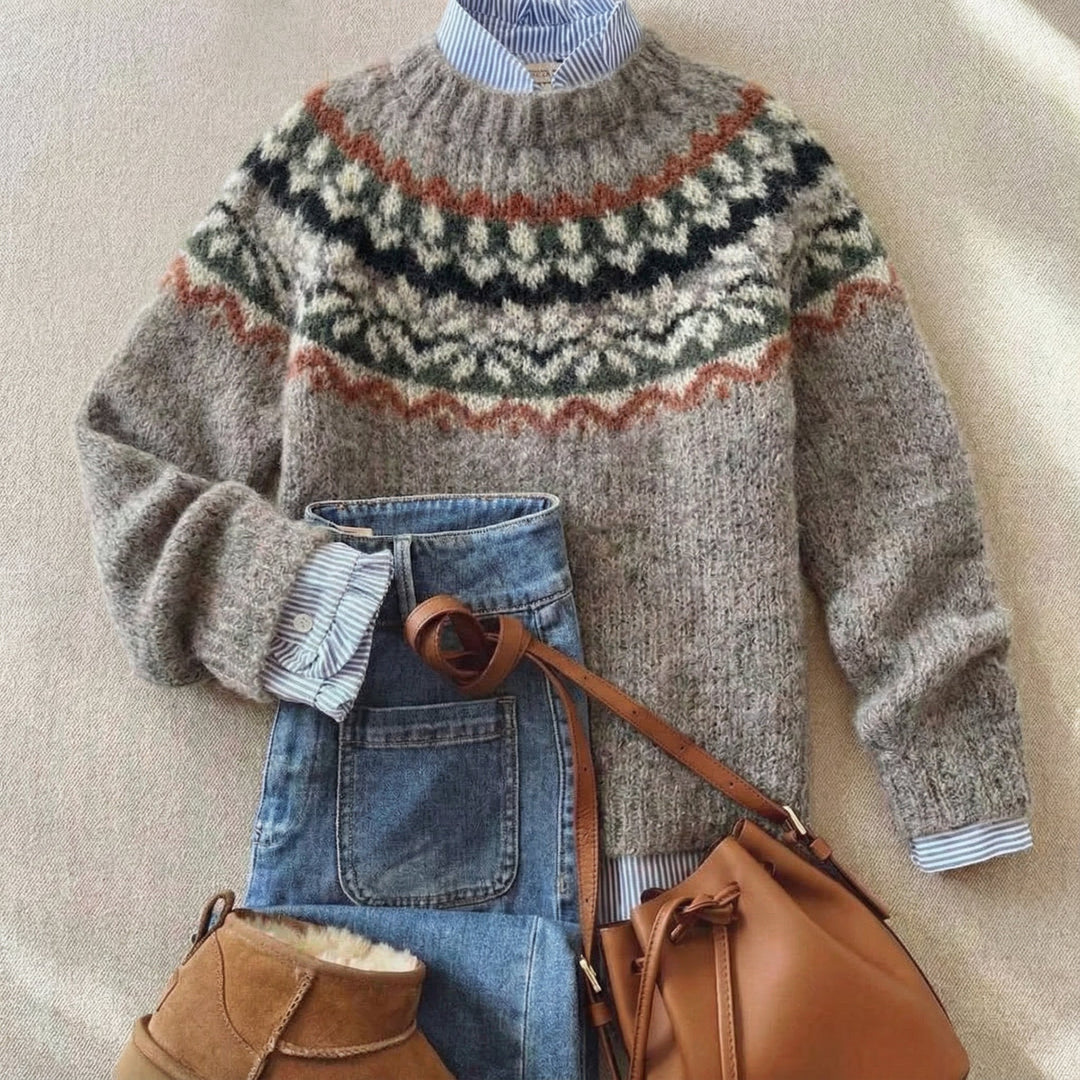 Gemütlicher Damen Langarm-Pullover mit ansprechendem nordischem Muster, perfekt für kalte Wintertage.