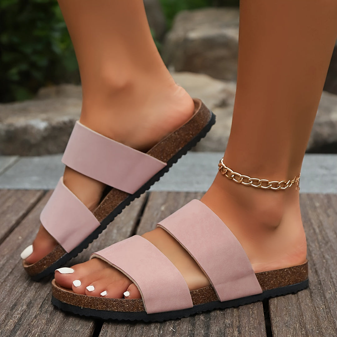 Elegante Damen Sommersandalen mit zwei breiten Riemen, die Stil & Bequemlichkeit vereinen.