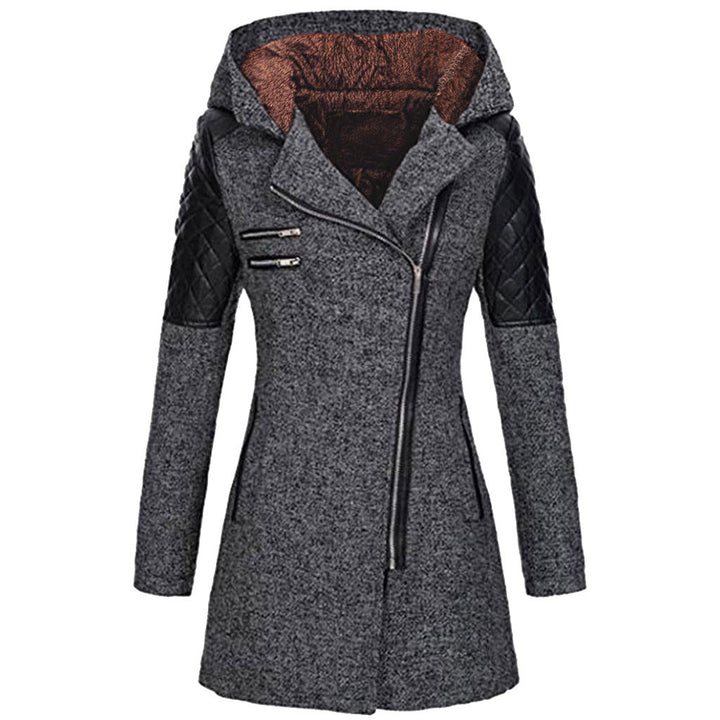 Eleganter Damen Wintermantel im Biker-Stil mit schrägem Reißverschluss; warme Winterjacke für Damen.