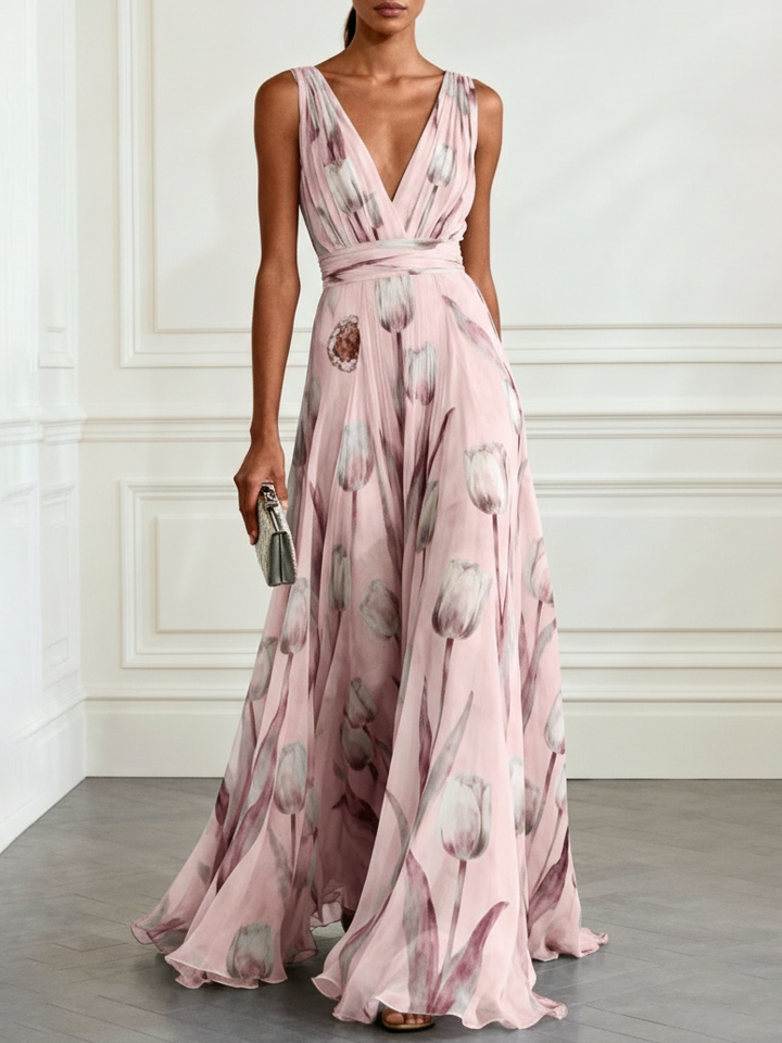 Modisches ärmelloses Damen Maxikleid mit lebhaftem Tulpenmuster und V-Ausschnitt. Ein elegantes Sommerkleid.