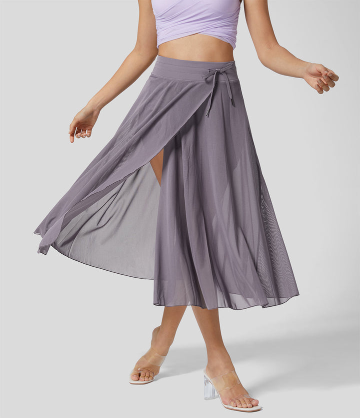 Grüner Damen Midi-Rock mit Lagen-Design, bequemem Bund & praktischer Tasche.