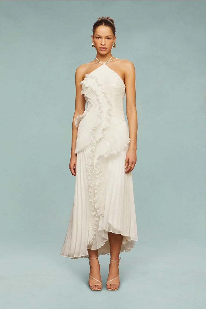 Schickes Damen Halterneck Sommer Maxikleid mit verspielten Rüschen und Plissee für festliche Events.