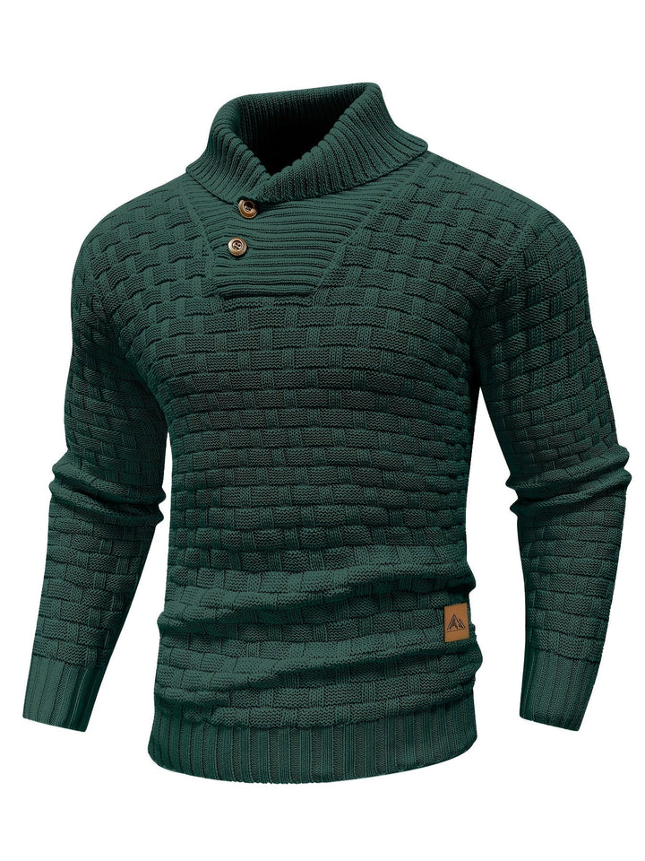 Dunkler Herren Pullover mit Waffelstruktur und Schalkragen; eleganter Lagenlook.