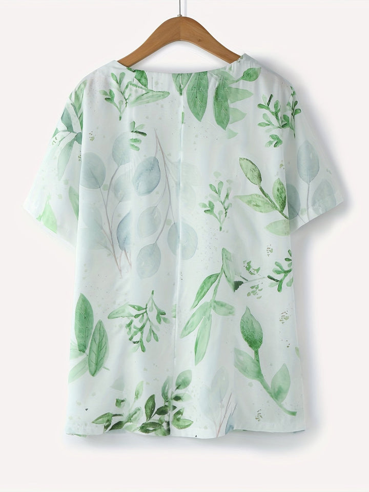 Damen Vintage Sommerbluse, Blumenmuster, Knopfleiste, Rundhals. Leichtes Freizeit-Oberteil.