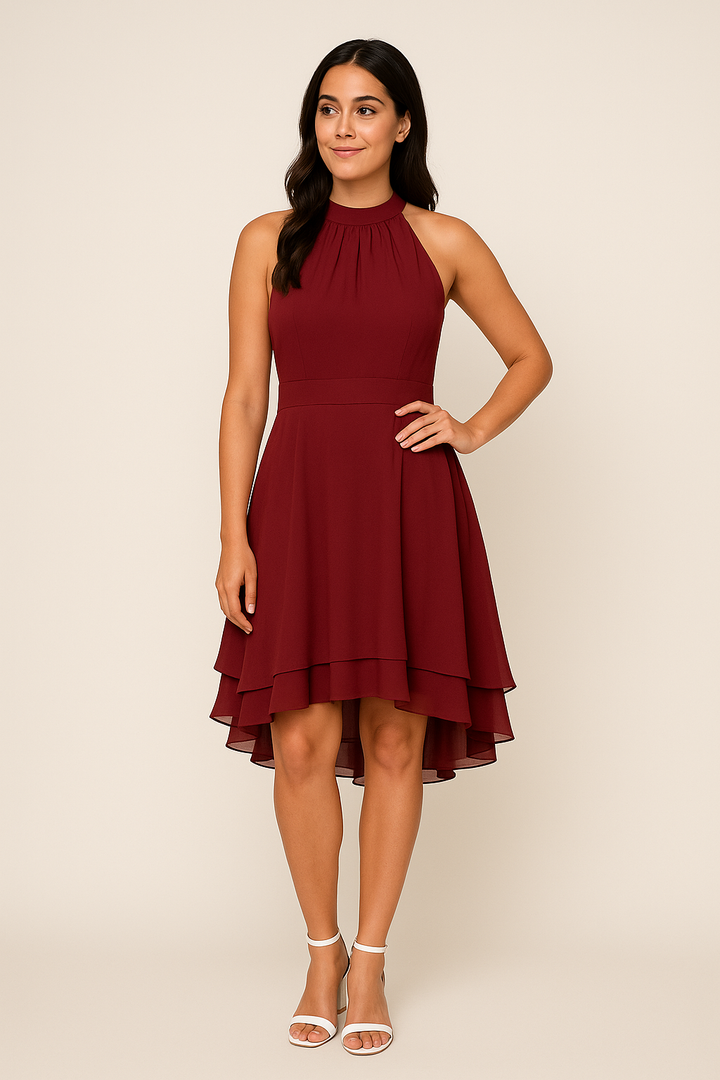 Schmeichelhaftes Damen Freizeitkleid mit Neckholder und High-Low Stufenrock. Für einen luftig-leichten Sommer-Look.