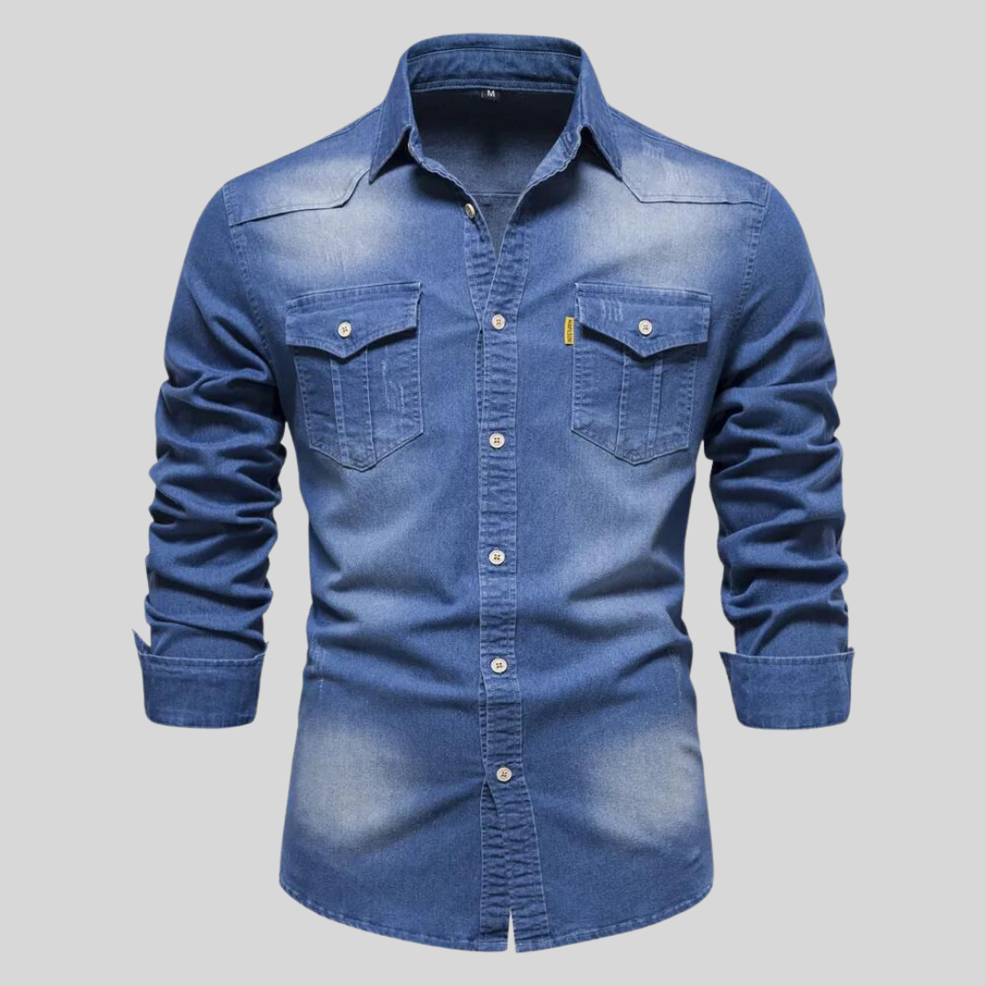Stilvolles marineblaues Herren Jeanshemd, langärmelig, mit Knopfleiste, perfekt für moderne Herrenmode.