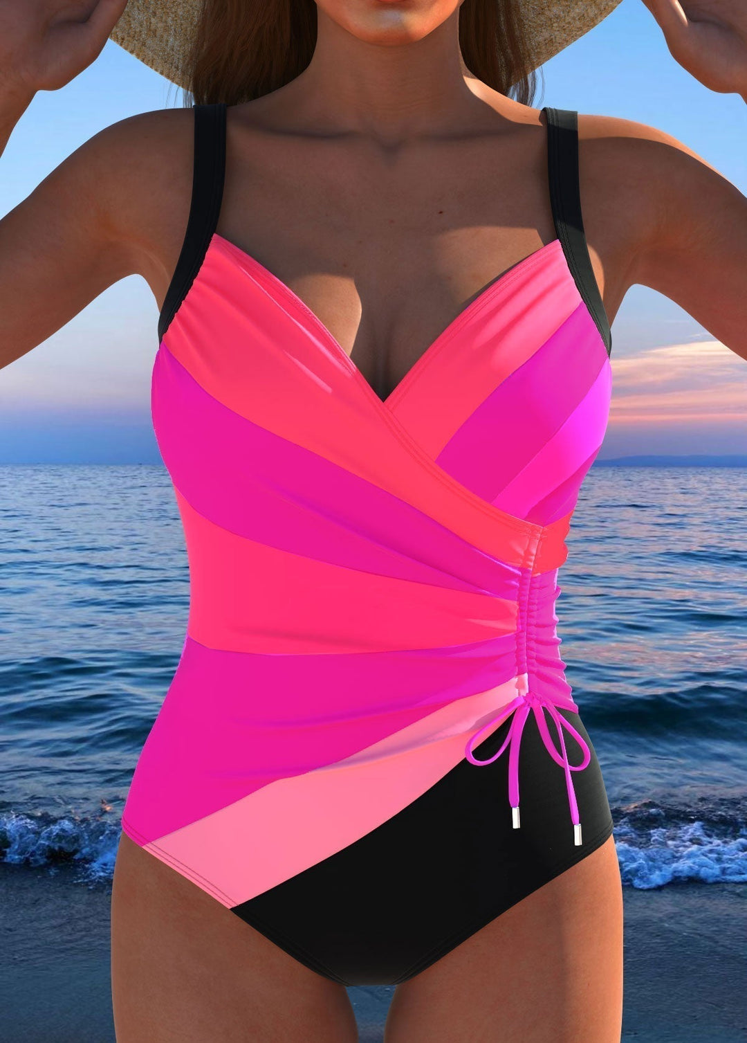Bunter Damen Badeanzug mit überkreuztem Rücken und farbenfrohem Muster, schmeichelhaft für jede Figur.