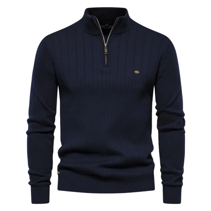 Herren Ribstrick-Pullover mit Rundhals in Dunkelblau, bequemer Langarm-Strick für den Alltag.