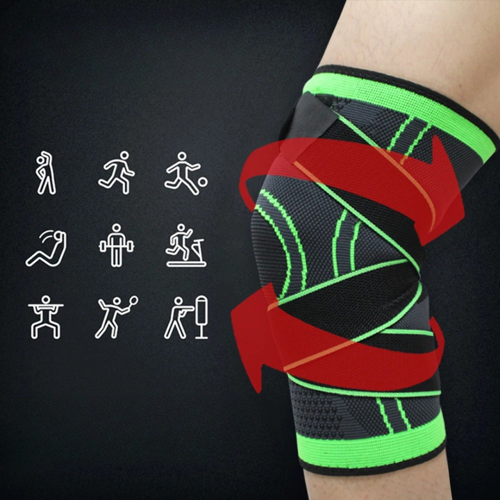 Detailaufnahme einer schwarzen Kniebandage für Herren und Damen. Fördert Regeneration & Stabilität des Kniegelenks beim Sport.