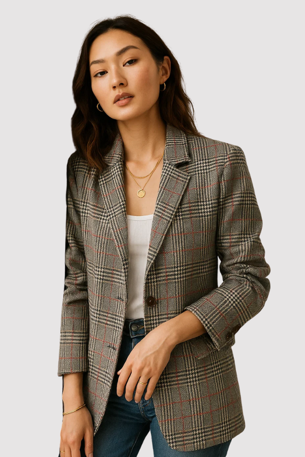 Langer, lockerer Damen Blazer kariert für einen eleganten Business Casual Look, modische Übergangsjacke.
