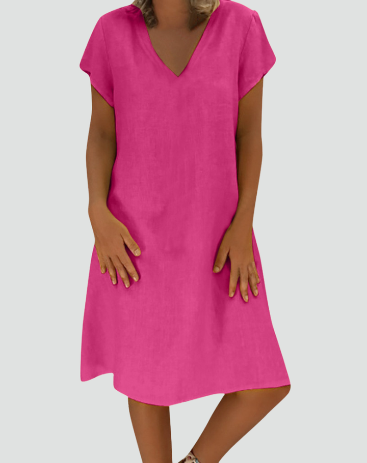 Elegantes Damen V-Ausschnitt Midikleid mit luftigem Schnitt, ideal für sommerliche Feste.