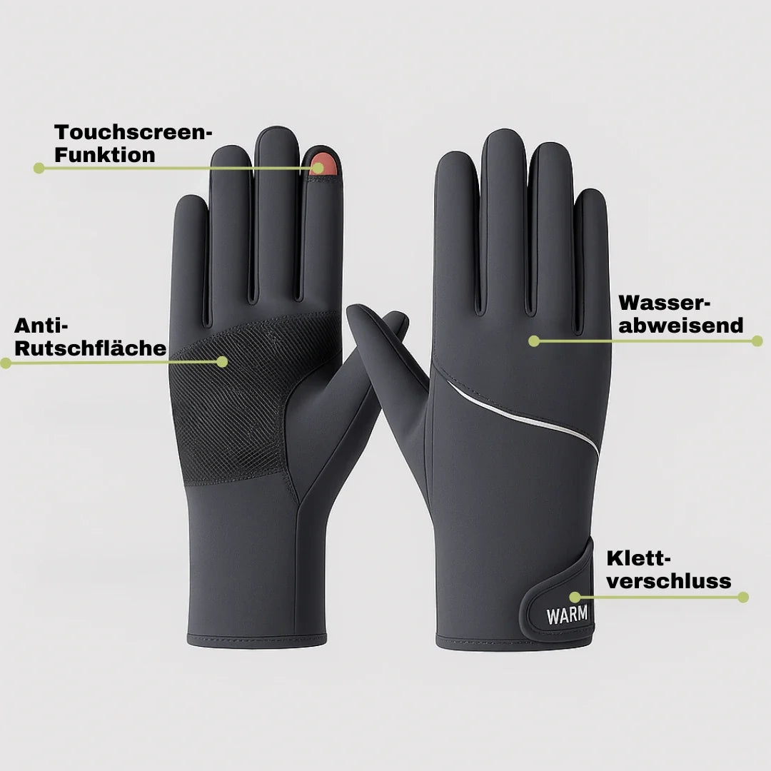 Wasserabweisende Damen Winterhandschuhe, warm, rutschfest und Touchscreen-fähig für nasskalte Tage im Freien.