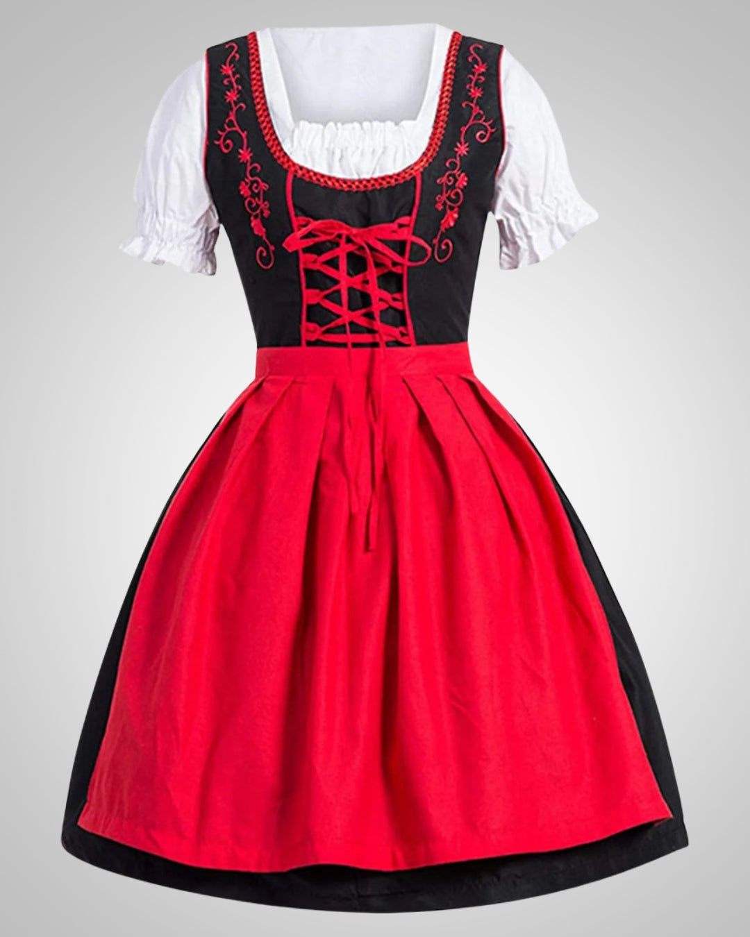 Elegantes Damen Trachten-Dirndl im traditionellen Stil, mit reicher Bestickung am Oberteil & Miederschnürung.