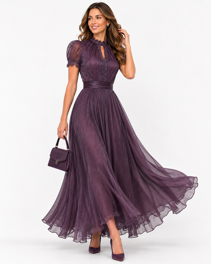 Fließendes lila Maxikleid für Damen. Elegantes O-Ausschnitt Abend- und Partykleid für schicke Anlässe.