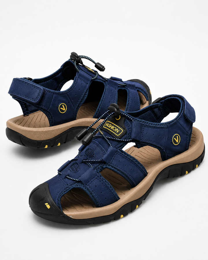 Robuste, rutschfeste Gummisohle der Herren Outdoorsandalen sorgt für sicheren Halt auf jedem Untergrund. [[lstfy-media:3]]