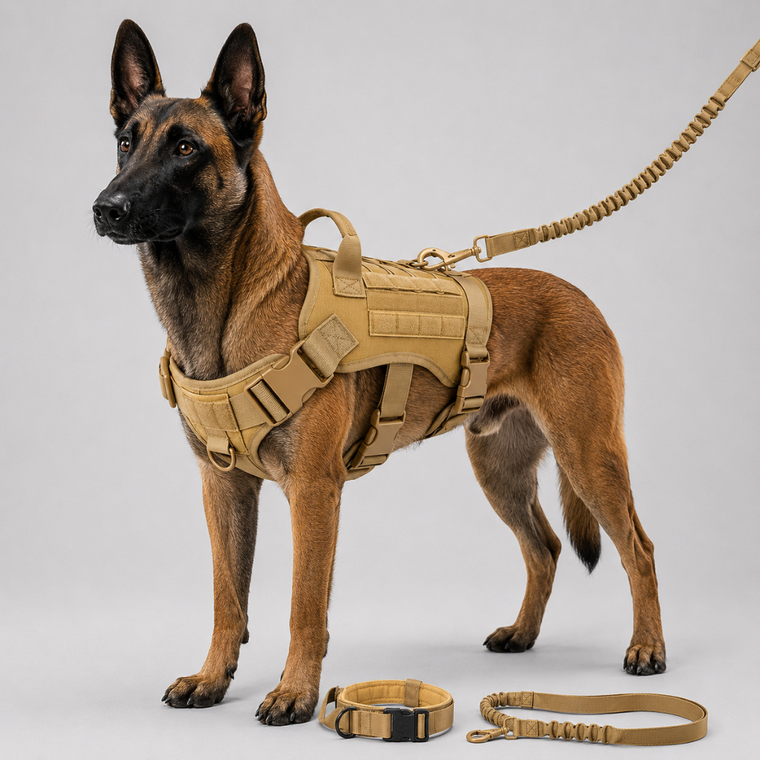 Komplettes taktisches Hundegeschirr Set: verstellbares Militär-Geschirr, robuste Hundeleine & Halsband für Training & Sicherheit.