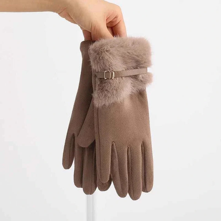 Warme Damen Outdoor Handschuhe in Beige, Touchscreen-fähig, schützt vor Kälte.