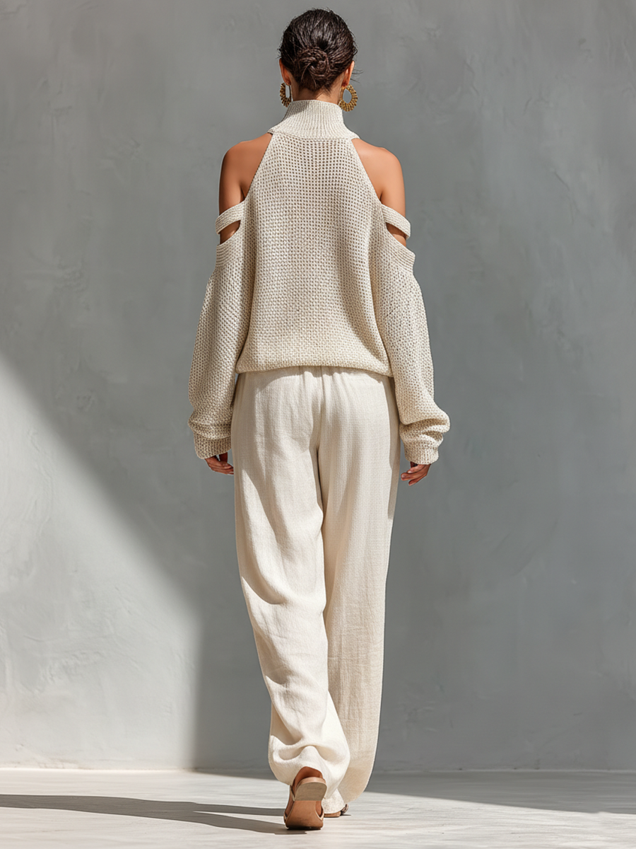 Damen Off-Shoulder Turtleneck Set mit weiten Hosen. Beiges, elegantes Co-Ord Set für stilvolle Freizeitmode.