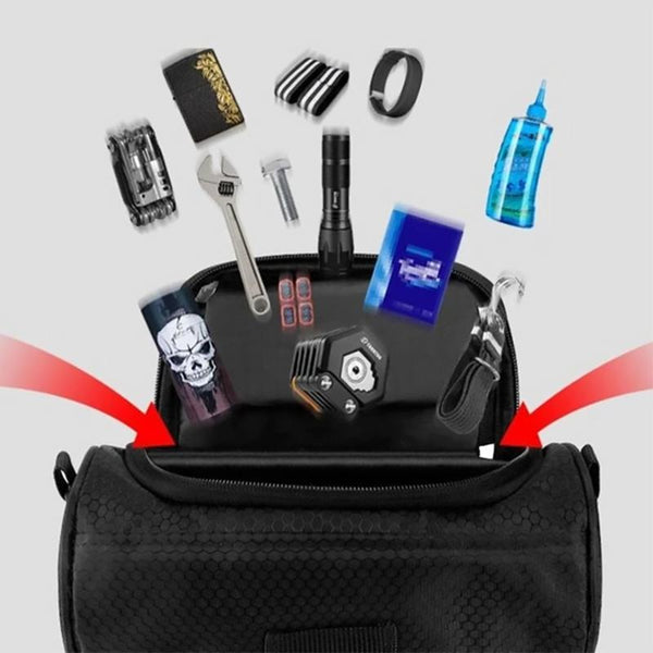 Wasserfeste Velox Fahrradtasche mit Touchscreen-Fenster für Smartphones am Lenker, ideal für Radtouren.