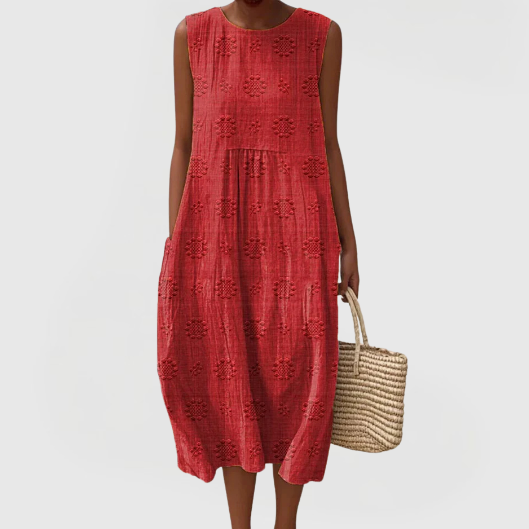 Rückenansicht des lockeren ärmellosen Damen Sommerkleids, ideal als Freizeit- oder Strandkleid mit bequemem Schnitt.
