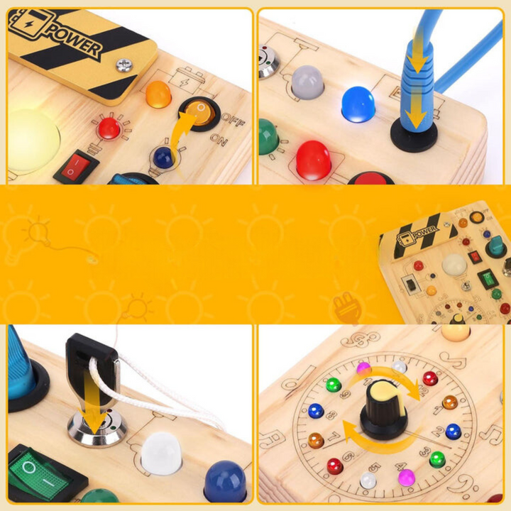 Interaktives Holzspielzeug für Babys. Montessori Lernbrett mit 8 leuchtenden LED-Kontakten zur Frühförderung.
