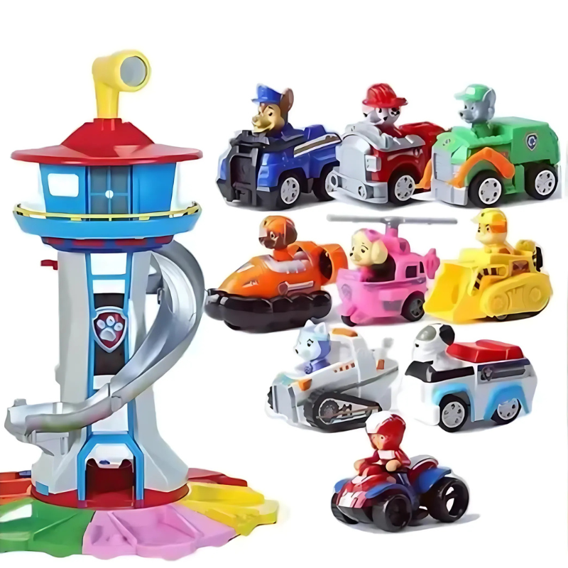 9 bunte Fahrzeuge, darunter Autos und Busse, als Teil des Kinder Abenteuer Spielsets mit Turm aus Kunststoff.
